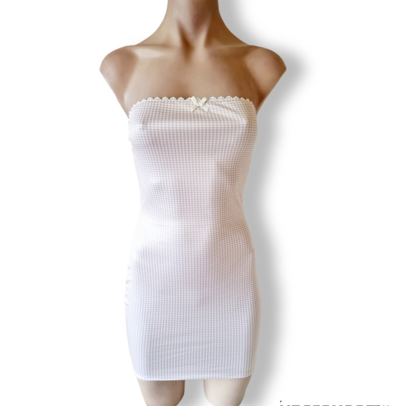 Dresses & Skirts - Handmade, Beige / Light Brown + White Gingham Check Strapless Short Dress Size S